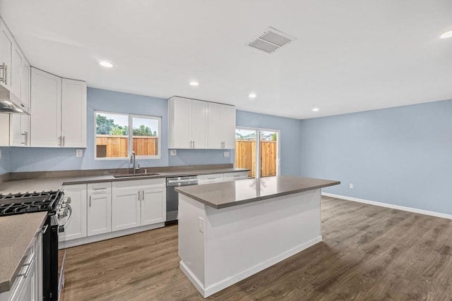 kitchen with white cabinetry, stainless steel appliances, a center island, and sink