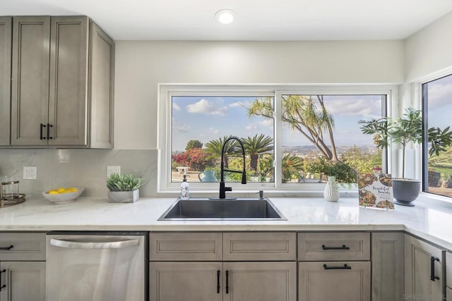 kitchen featuring light stone countertops, decorative backsplash, dishwasher, and sink