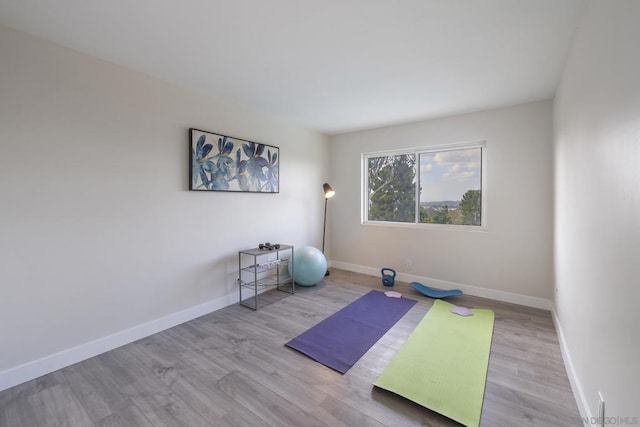 exercise area with light hardwood / wood-style flooring