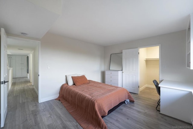 bedroom with a closet, a walk in closet, and light hardwood / wood-style flooring