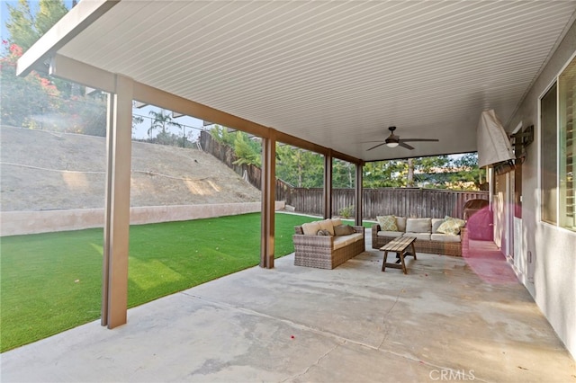 view of patio / terrace with ceiling fan and an outdoor hangout area