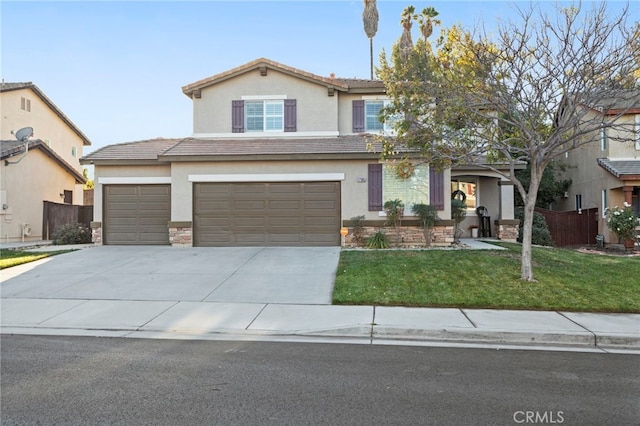 front facade featuring a garage and a front lawn