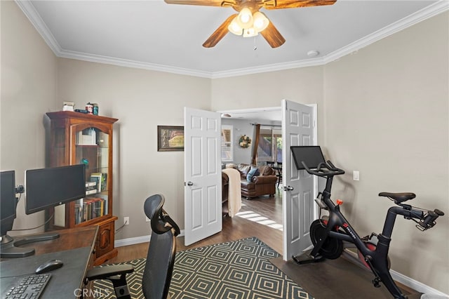 home office with crown molding, dark hardwood / wood-style flooring, and ceiling fan