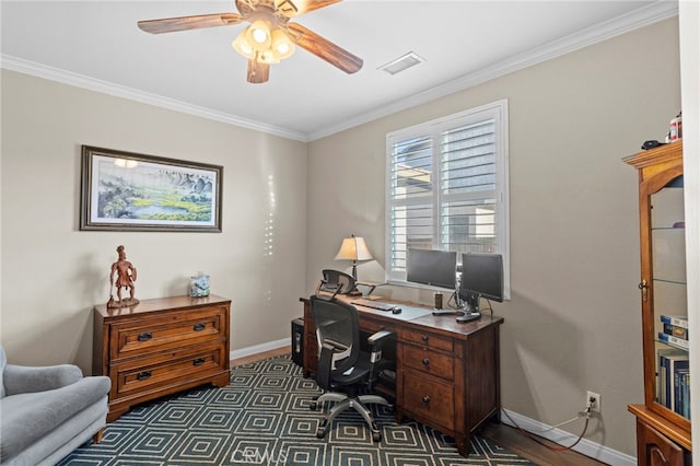 office space featuring ceiling fan and ornamental molding