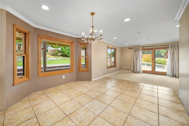 tiled empty room featuring a notable chandelier, a healthy amount of sunlight, and crown molding