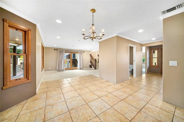 tiled spare room with a chandelier and ornamental molding