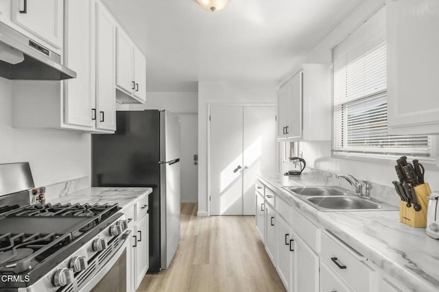 kitchen featuring white cabinetry, sink, stainless steel appliances, and light hardwood / wood-style flooring