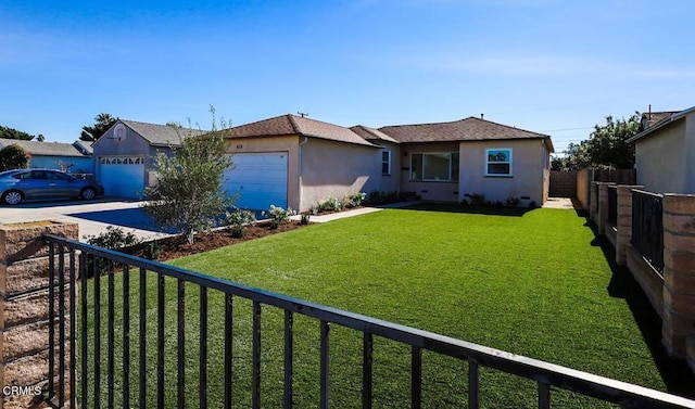 ranch-style house with a front lawn and a garage