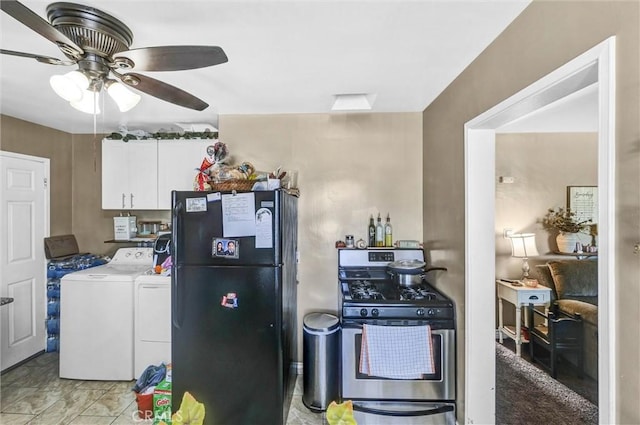 kitchen with white cabinets, black fridge, independent washer and dryer, ceiling fan, and stainless steel range with gas stovetop