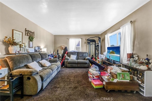 living room with a wealth of natural light and carpet flooring