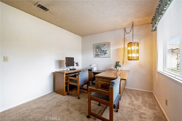 carpeted office space with a textured ceiling