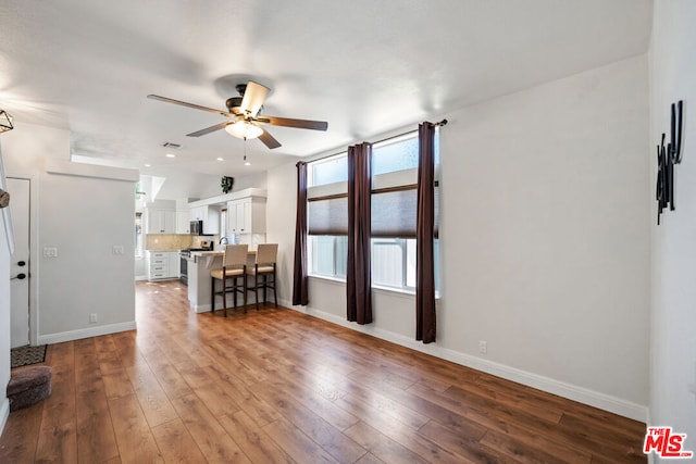 living room with ceiling fan and wood-type flooring