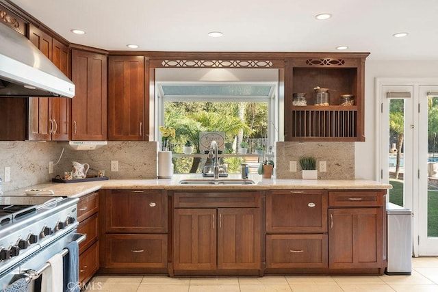 kitchen featuring range hood, high end stainless steel range oven, a wealth of natural light, and sink