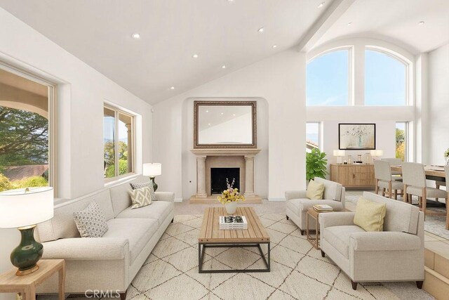 living room with high vaulted ceiling