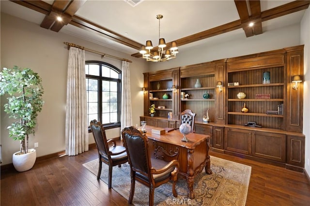 dining space with dark hardwood / wood-style flooring, beamed ceiling, and a chandelier