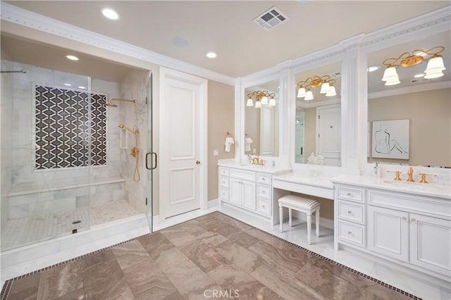 bathroom featuring crown molding, an enclosed shower, and vanity