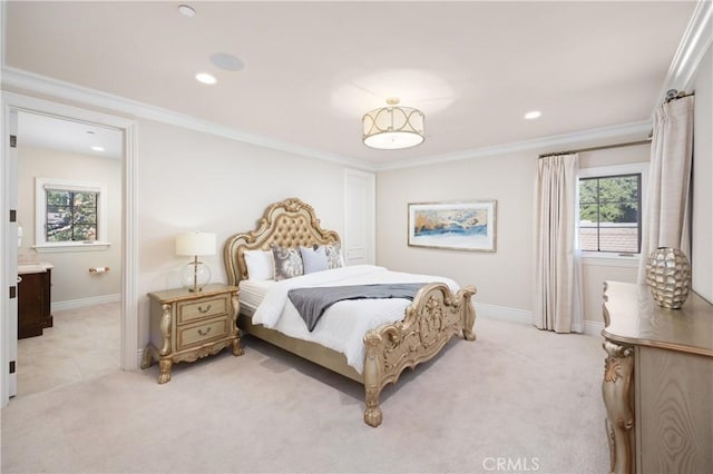 bedroom featuring crown molding and light colored carpet