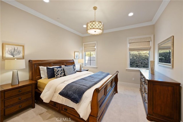 carpeted bedroom with ornamental molding and multiple windows