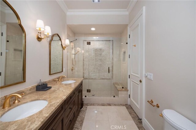 bathroom featuring toilet, walk in shower, ornamental molding, and vanity