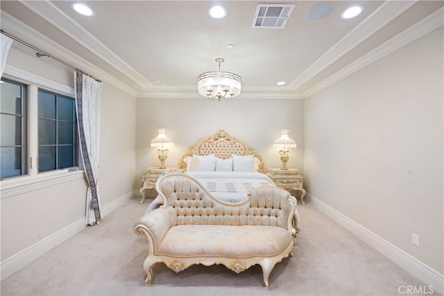 carpeted bedroom with crown molding and an inviting chandelier