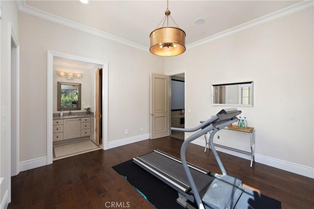 exercise room with ornamental molding, dark hardwood / wood-style floors, and sink