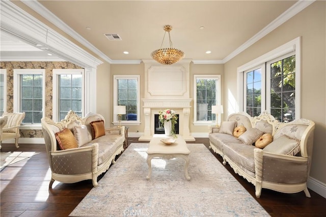 interior space featuring a large fireplace and a notable chandelier