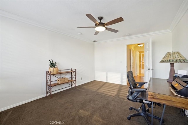 home office with ceiling fan, dark carpet, baseboards, and crown molding