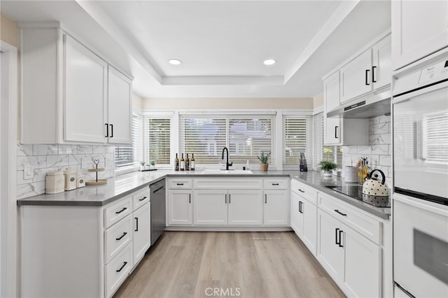 kitchen featuring white cabinets, light hardwood / wood-style floors, dishwasher, and sink