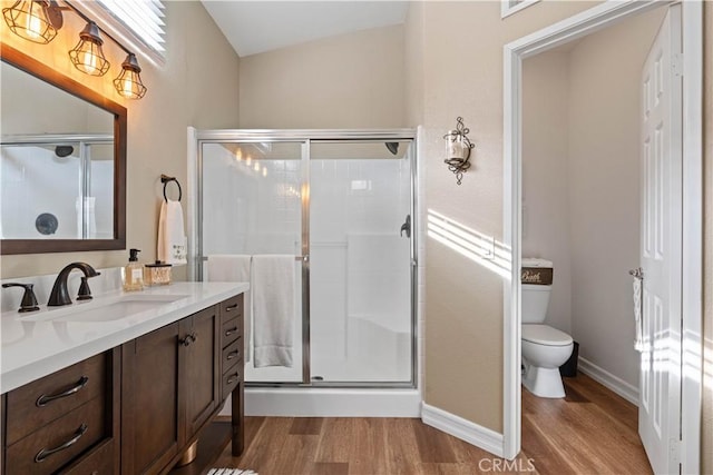 bathroom featuring toilet, an enclosed shower, wood-type flooring, and vanity