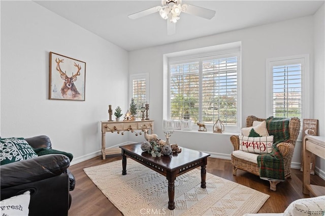 living room with plenty of natural light, dark hardwood / wood-style floors, and ceiling fan