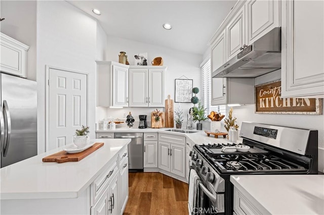 kitchen featuring appliances with stainless steel finishes, dark wood-type flooring, sink, white cabinetry, and lofted ceiling