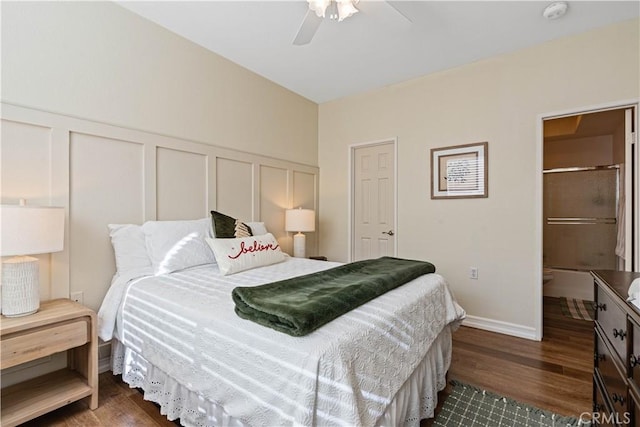 bedroom featuring ceiling fan and dark wood-type flooring