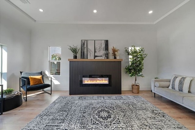 living room featuring ornamental molding and light wood-type flooring