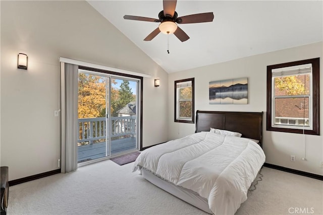 918 Sandalwood Dr, Lake Arrowhead, CA 92352 - carpeted bedroom with access to outside, ceiling fan, and high vaulted ceiling