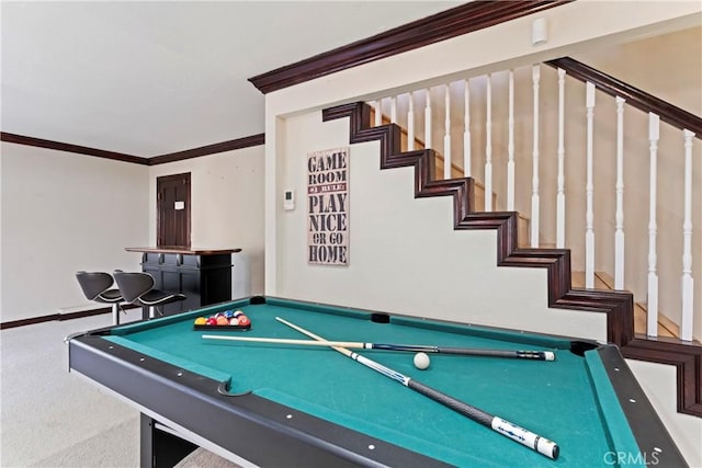 rec room featuring carpet, crown molding, and billiards