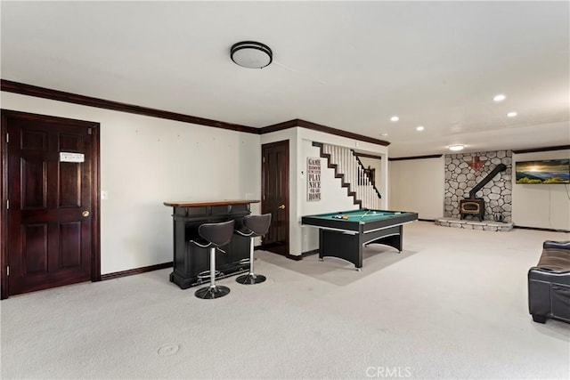 918 Sandalwood Dr, Lake Arrowhead, CA 92352 - playroom with carpet floors, pool table, crown molding, a wood stove, and recessed lighting