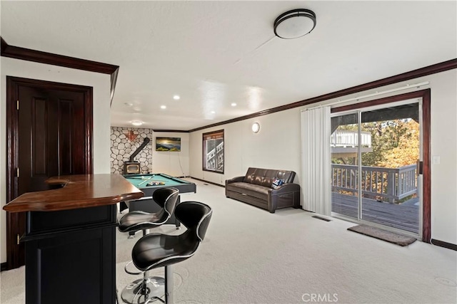 918 Sandalwood Dr, Lake Arrowhead, CA 92352 - recreation room featuring light carpet, crown molding, billiards table, and recessed lighting