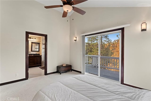 bedroom featuring ensuite bath, ceiling fan, high vaulted ceiling, access to outside, and light carpet