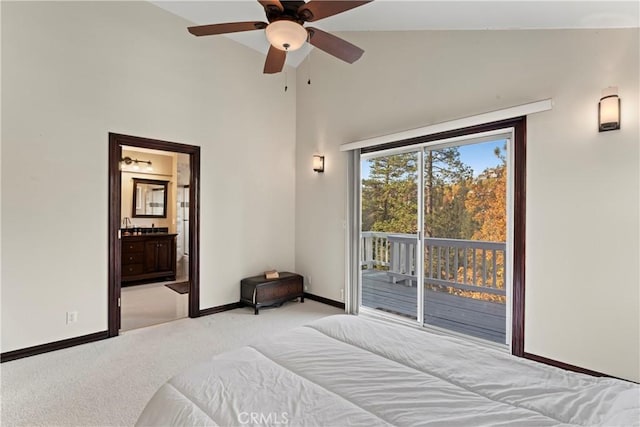 918 Sandalwood Dr, Lake Arrowhead, CA 92352 - bedroom featuring access to outside, light carpet, high vaulted ceiling, ensuite bathroom, and ceiling fan