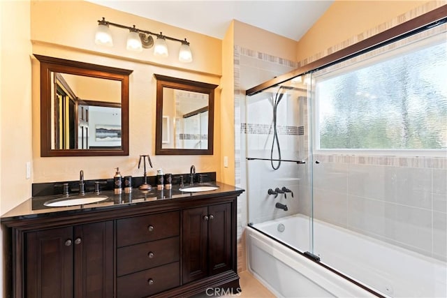 918 Sandalwood Dr, Lake Arrowhead, CA 92352 - bathroom with bath / shower combo with glass door, vaulted ceiling, and double vanity