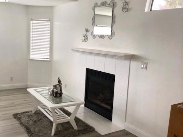 room details featuring hardwood / wood-style flooring and a tiled fireplace