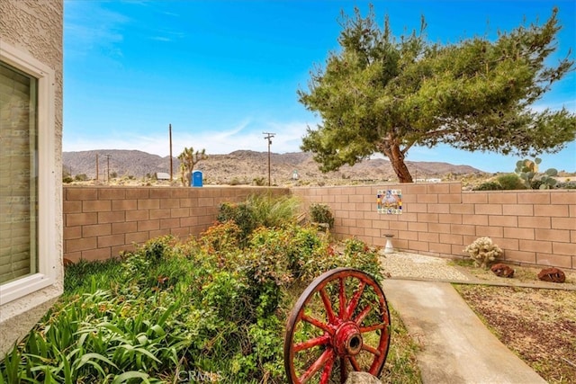 view of yard with a fenced backyard and a mountain view