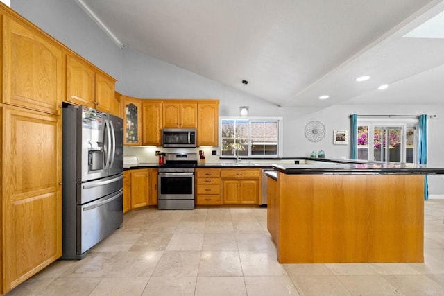 kitchen featuring vaulted ceiling, stainless steel appliances, decorative backsplash, hanging light fixtures, and light tile patterned flooring