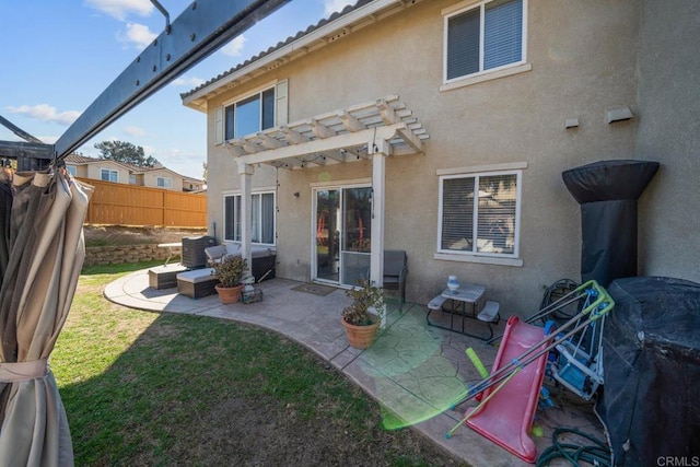 back of house with a yard, a pergola, a patio, and cooling unit