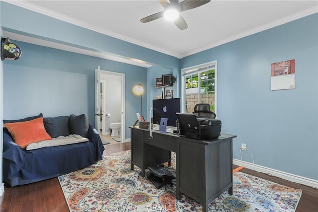 home office featuring ceiling fan, crown molding, and dark hardwood / wood-style floors