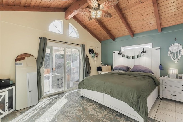 bedroom with wooden ceiling, access to exterior, ceiling fan, and beam ceiling