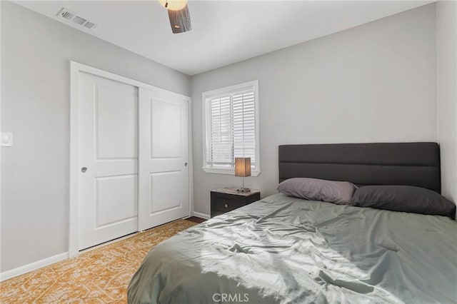 bedroom with ceiling fan and a closet