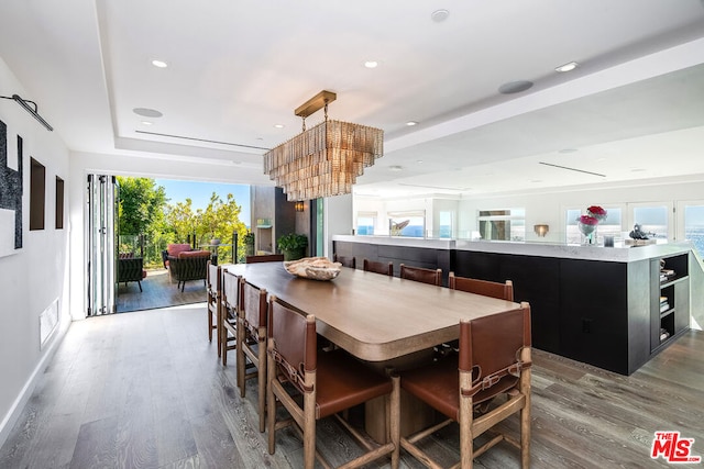 dining room with hardwood / wood-style floors, a tray ceiling, an inviting chandelier, and a healthy amount of sunlight