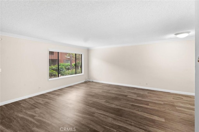 unfurnished room featuring a textured ceiling, crown molding, and dark hardwood / wood-style floors