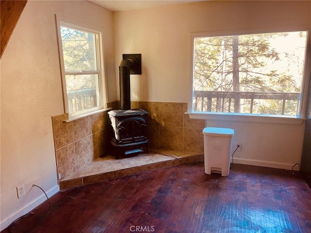 room details featuring a wood stove, baseboards, and wood finished floors